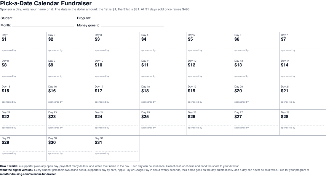 Preview of the free pick-a-date calendar fundraiser template: 31 numbered days priced $1 to $31, each with a line for the sponsor's name.