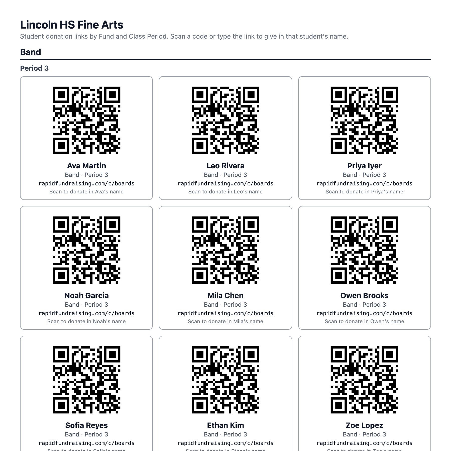 A per-student QR sheet: nine cards for a Band class period, each with a QR code, the student's name, their fund and period, and the words Scan to donate in their name.